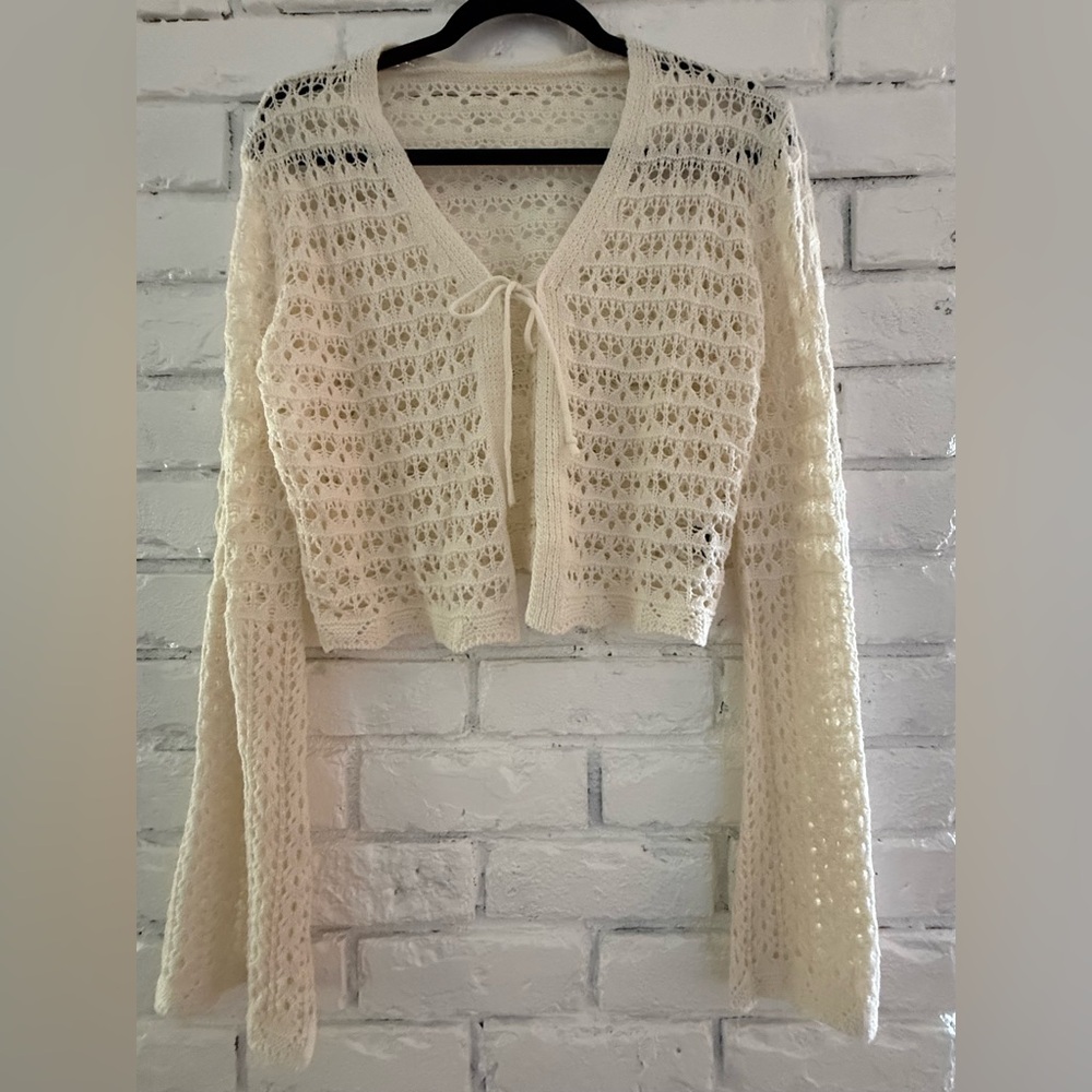 Crochet Knit Tie-Front Cardigan - Cream